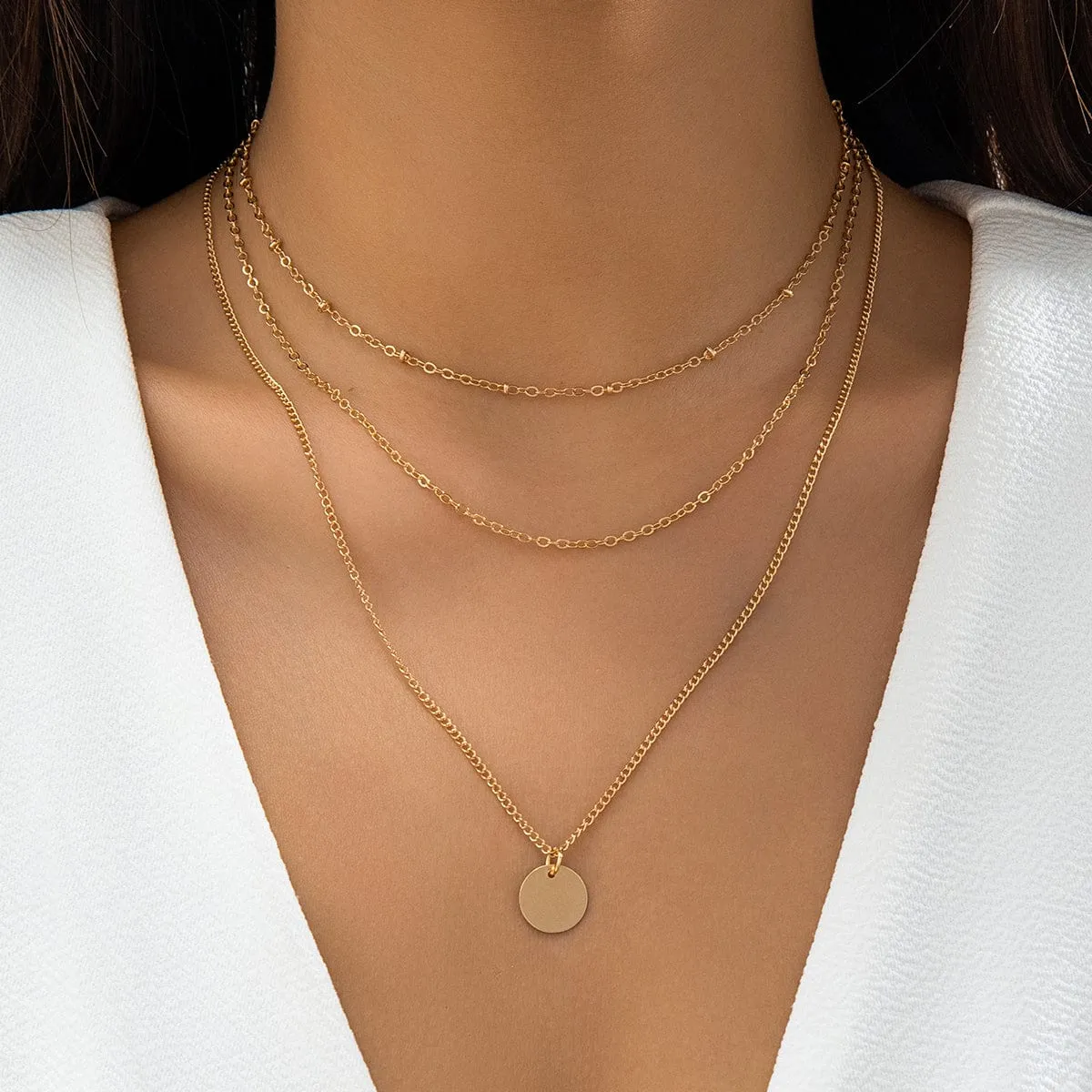 Trendy Layered Round Disk Pendant Cable Chain Necklace Set