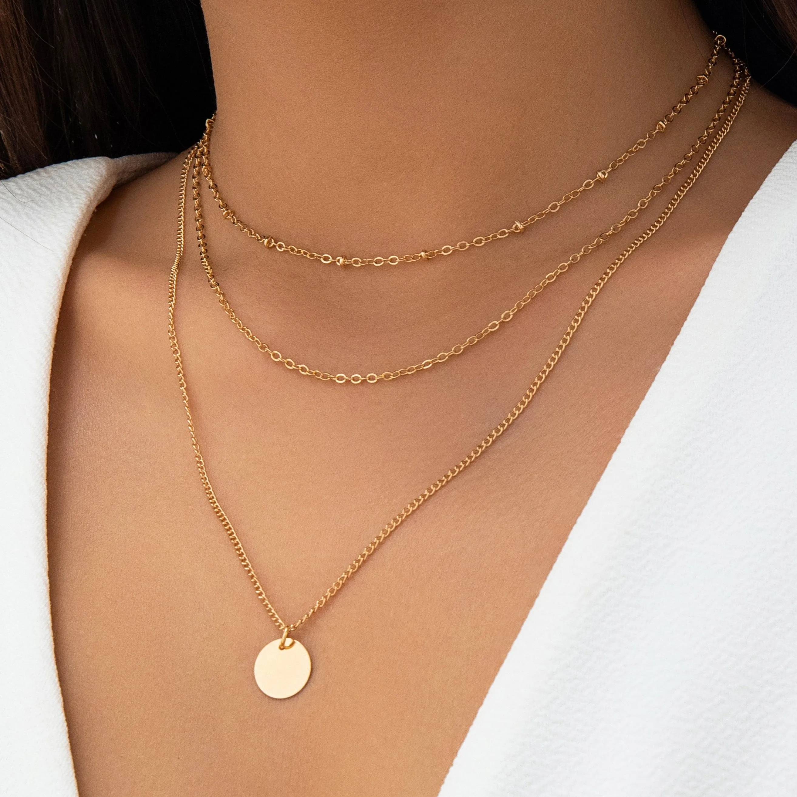 Trendy Layered Round Disk Pendant Cable Chain Necklace Set