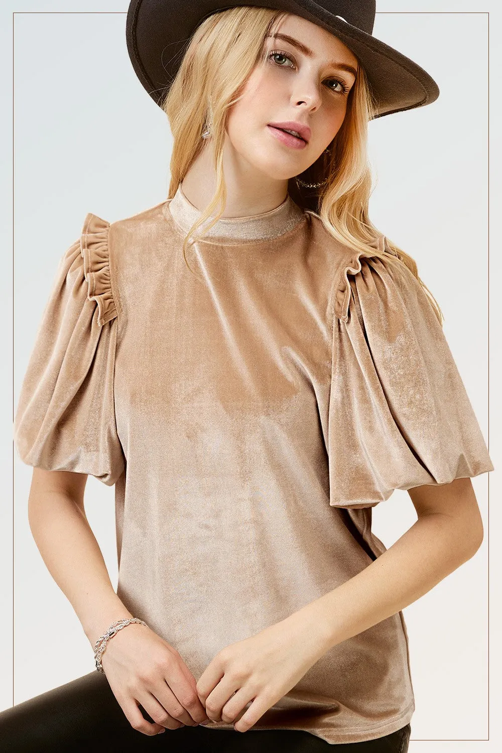 Tripp Velvet Short Puff Sleeve Top - Champagne