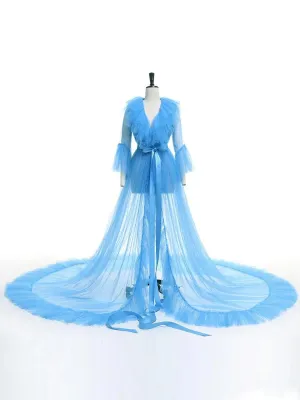 V Neck Flare Sleeve Ribbon Luxury Robe