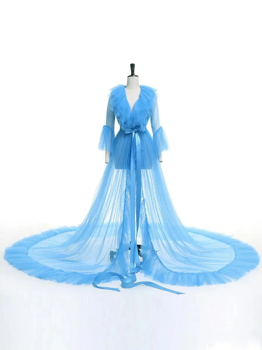 V Neck Flare Sleeve Ribbon Luxury Robe