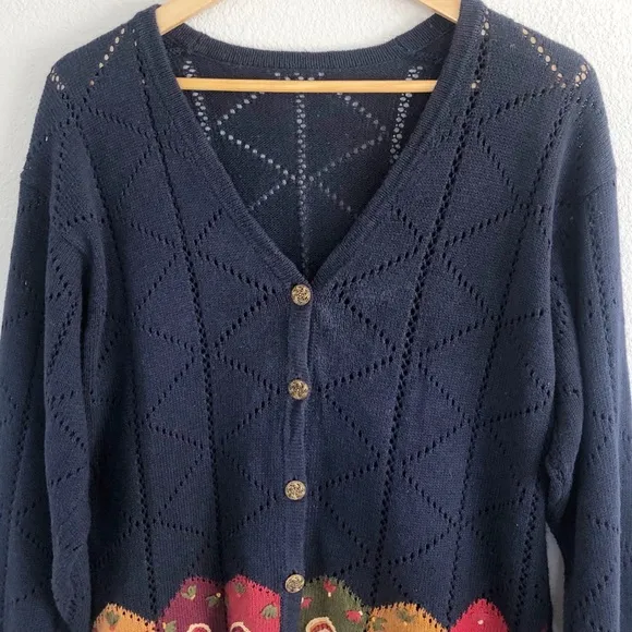 Vintage 90s Navy Blue Floral Cardigan Sweater