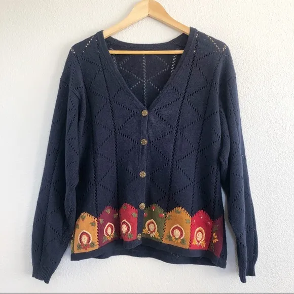 Vintage 90s Navy Blue Floral Cardigan Sweater