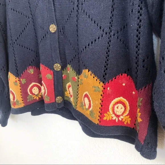 Vintage 90s Navy Blue Floral Cardigan Sweater