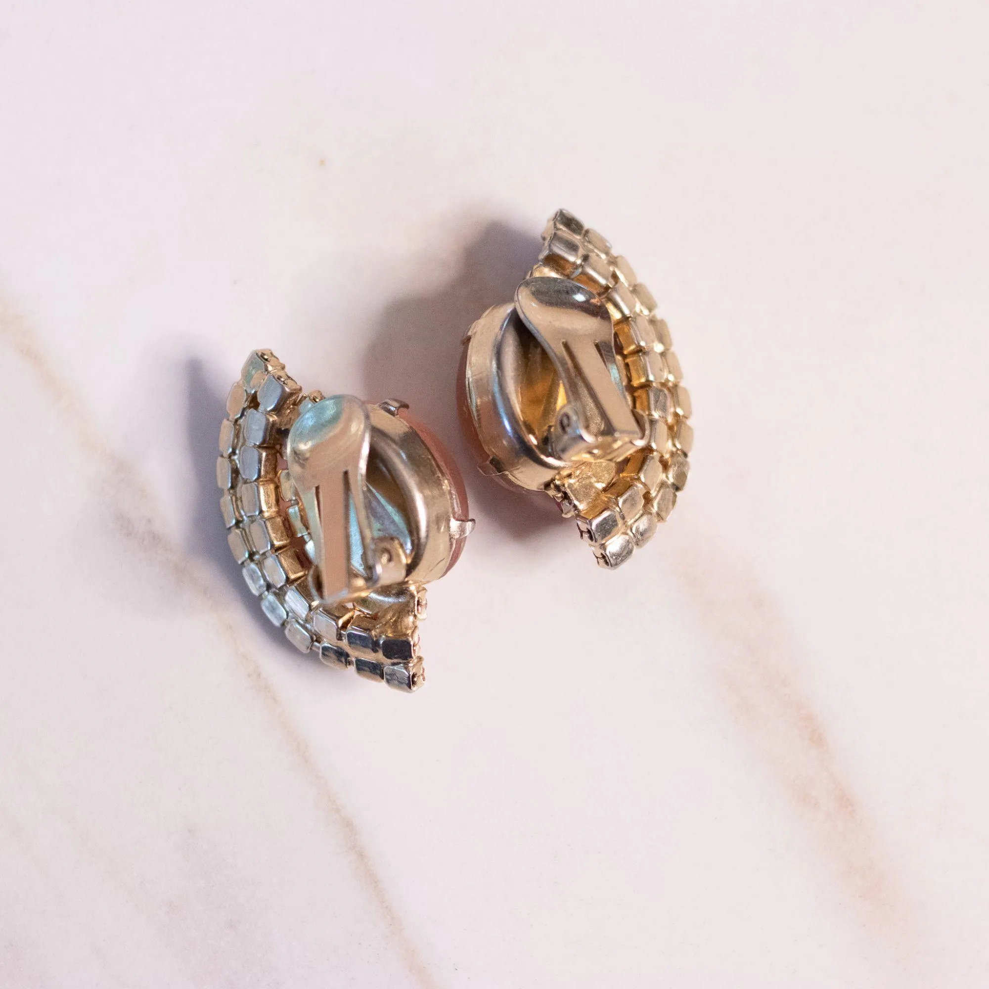 Vintage Pink Frosted Cabochon and Pink Rhinestone Statement Earrings