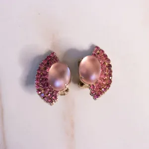Vintage Pink Frosted Cabochon and Pink Rhinestone Statement Earrings