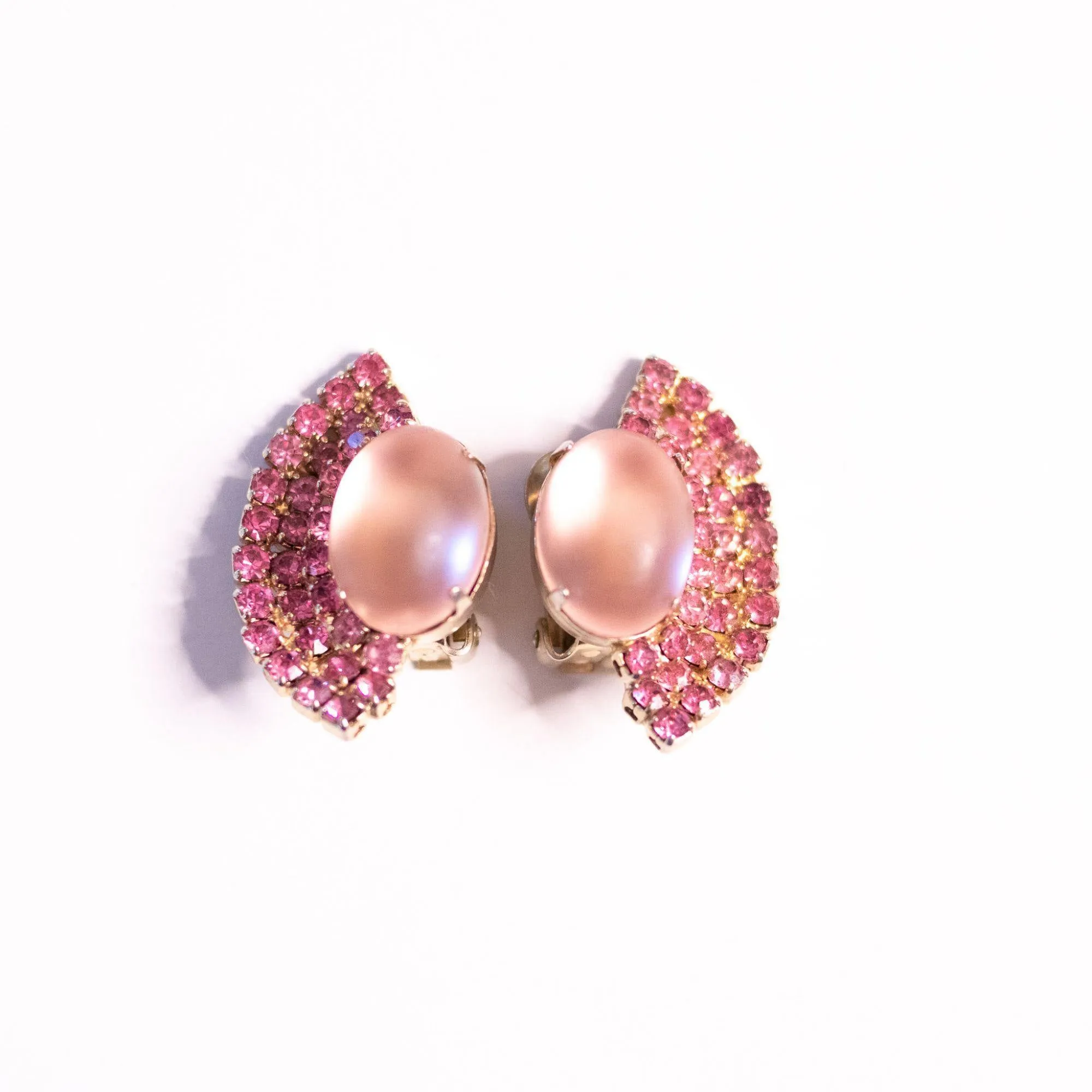 Vintage Pink Frosted Cabochon and Pink Rhinestone Statement Earrings