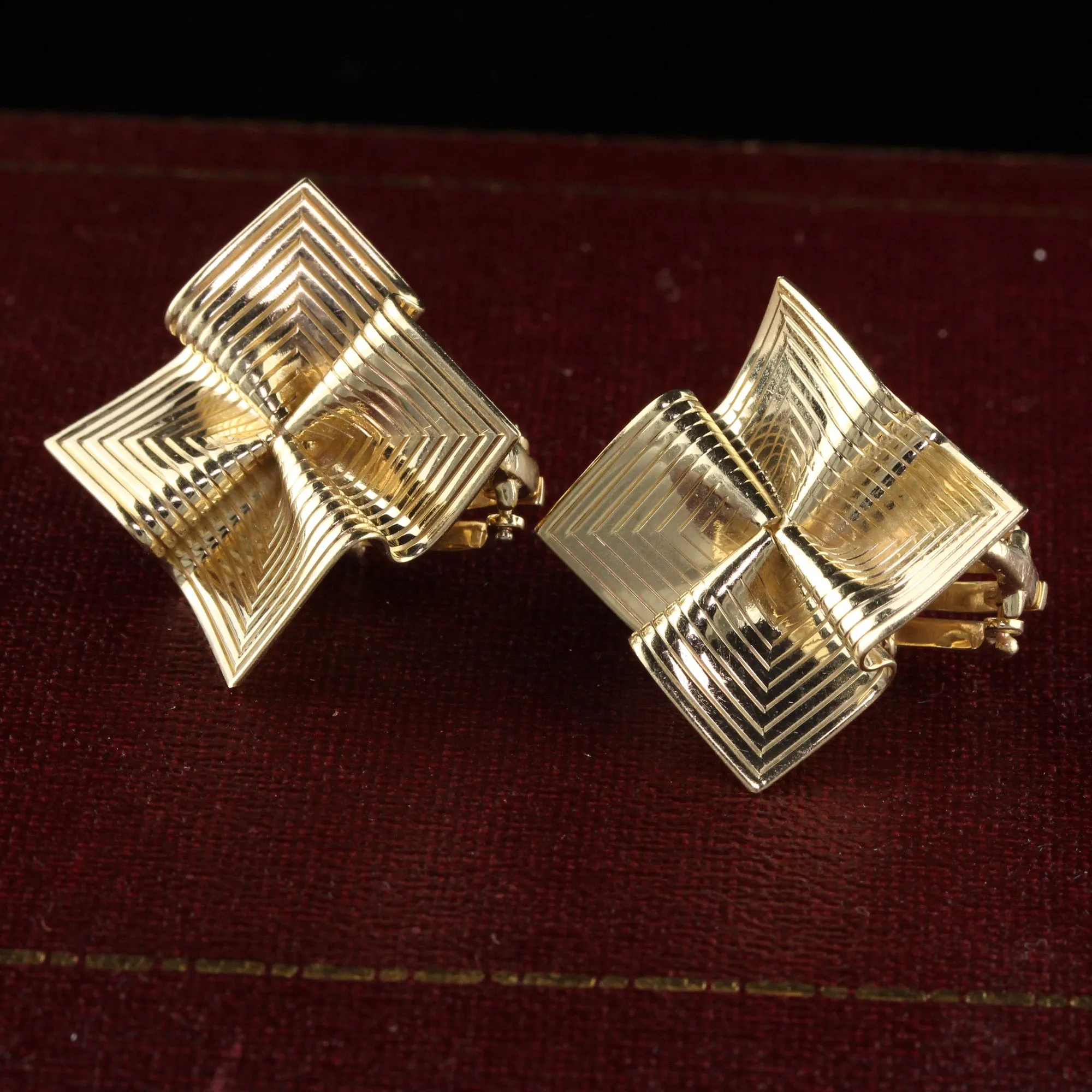 Vintage Retro 14K Yellow Gold Origami Pin Wheel Earrings