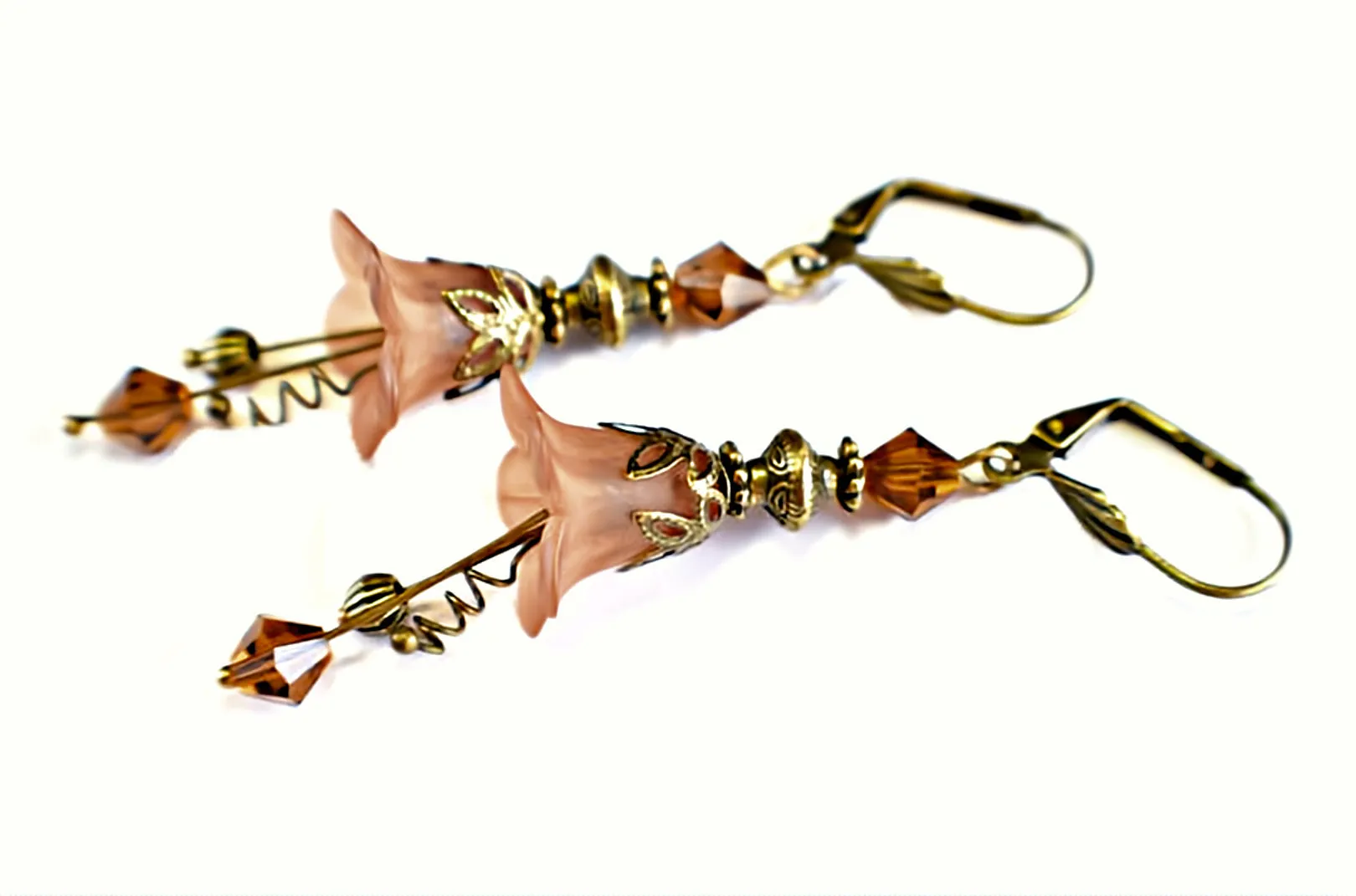 Vintage Victorian Style Chocolate Brown and Antique Bronze Bell Flower Lucite Earrings