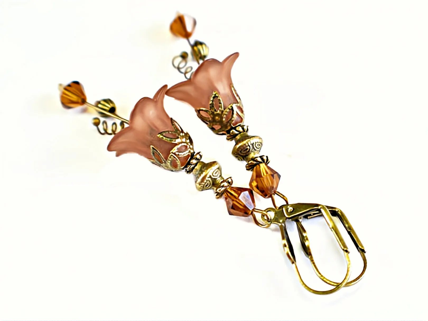 Vintage Victorian Style Chocolate Brown and Antique Bronze Bell Flower Lucite Earrings
