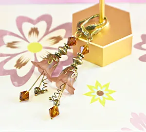 Vintage Victorian Style Chocolate Brown and Antique Bronze Bell Flower Lucite Earrings