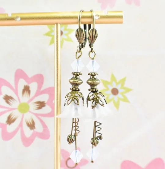 Vintage Victorian Style White and Antique Bronze Bell Flower Lucite Earrings