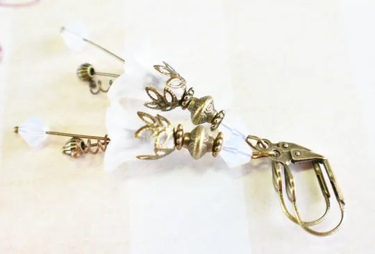 Vintage Victorian Style White and Antique Bronze Bell Flower Lucite Earrings