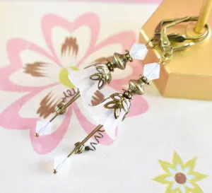 Vintage Victorian Style White and Antique Bronze Bell Flower Lucite Earrings