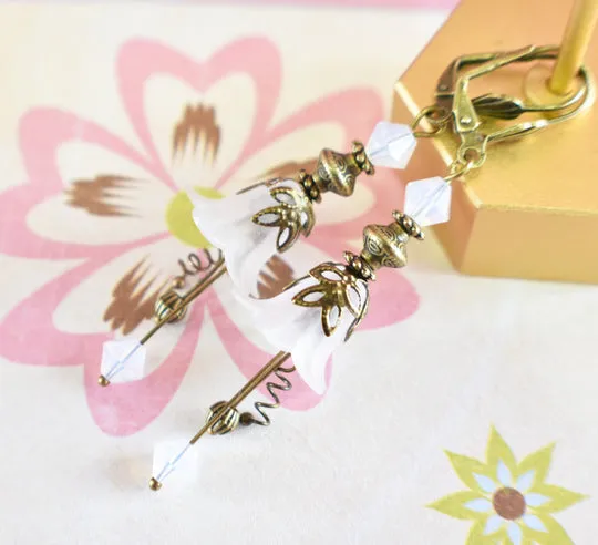 Vintage Victorian Style White and Antique Bronze Bell Flower Lucite Earrings