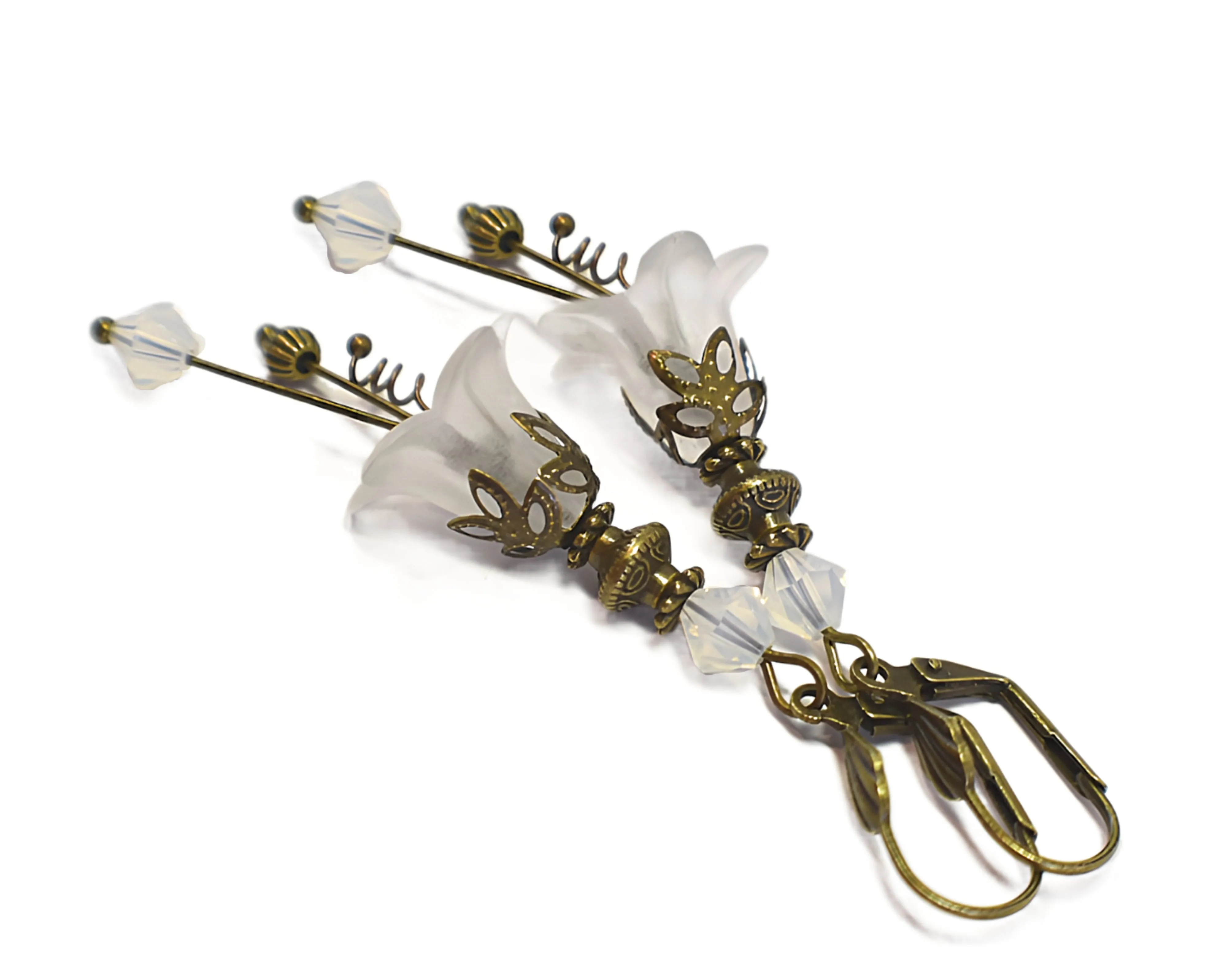 Vintage Victorian Style White and Antique Bronze Bell Flower Lucite Earrings