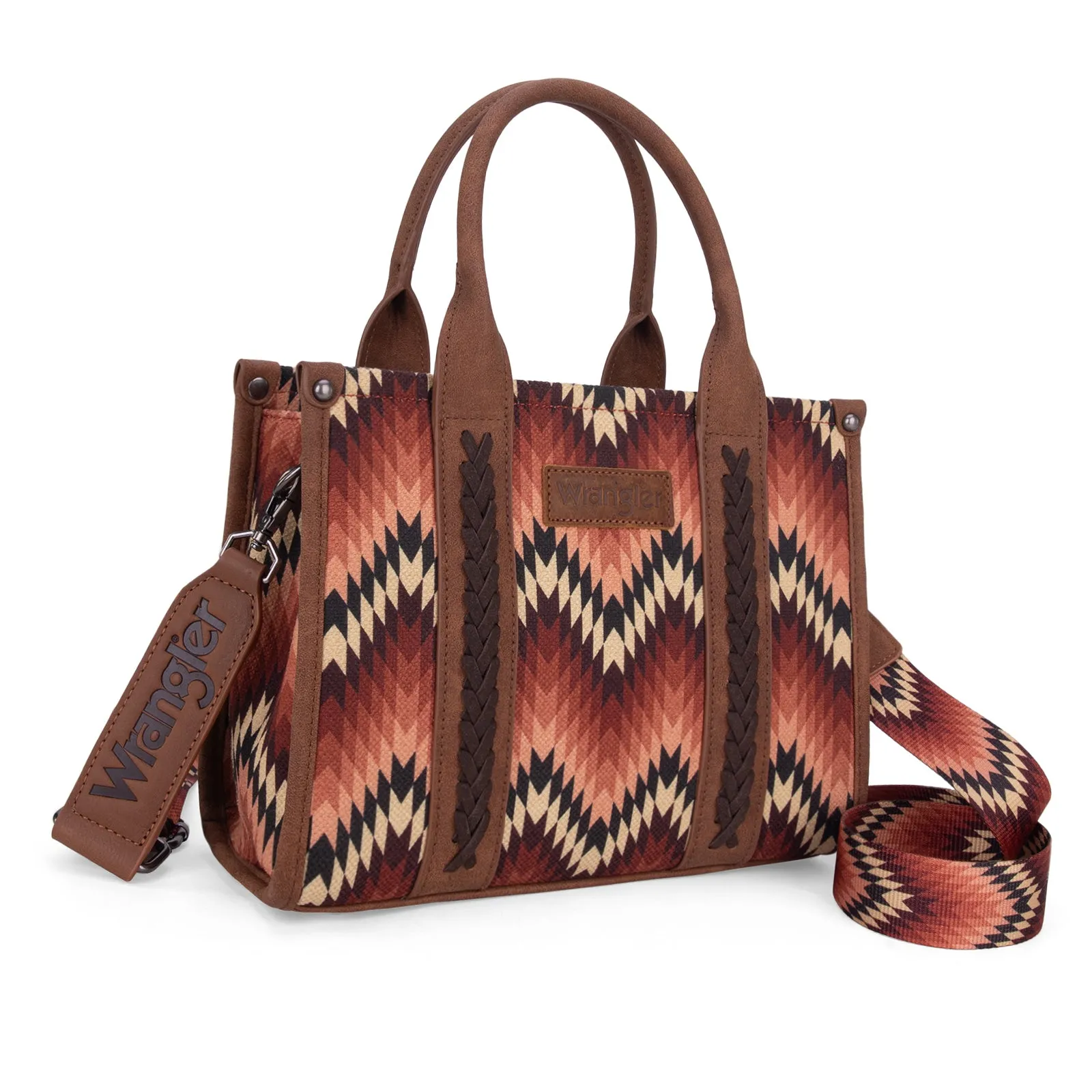 WG2211-8120S   Wrangler Southwestern Pattern Dual Sided Print Tote/Crossbody - BROWN