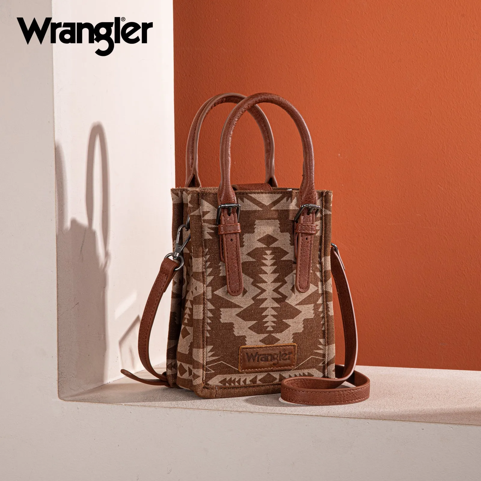 WG2212-8122  Wrangler Southwestern  Print North South Minil Canvas Tote/Crossbody -  Brown