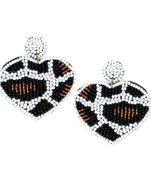 WHITE LEOPARD BEAD HEART EARRINGS