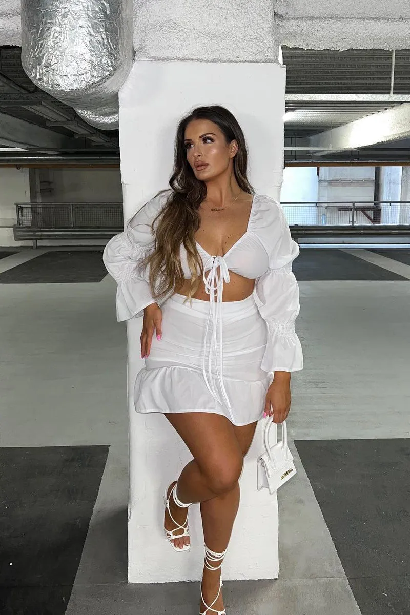 White Shirred Sleeve Crop Top & Ruched Mini Skirt Set - Ariana