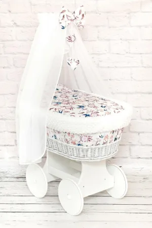 White Wicker Moses Basket with Wheels Baby full Bedding Set Dream catcher birds - white dimple