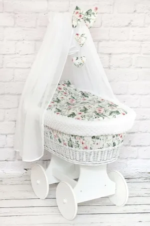White Wicker Moses Basket with Wheels Baby full Bedding Set Garden Flowers Dimple