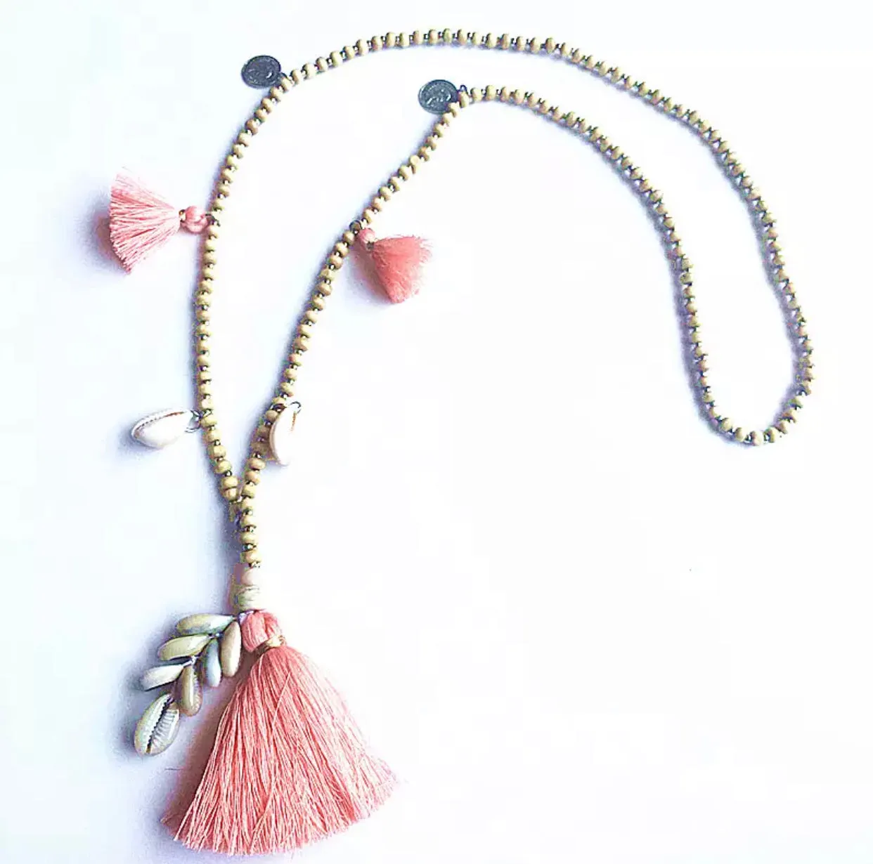 Wooden Beads Necklace with Cowry Shells and Cotton Tassels | Erika Williner Designs